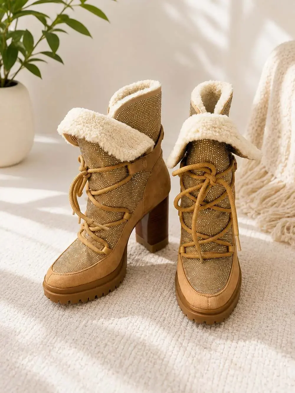 Michael Kors Culver Embellished Sherpa Lace-Up Boots in Tan Gold